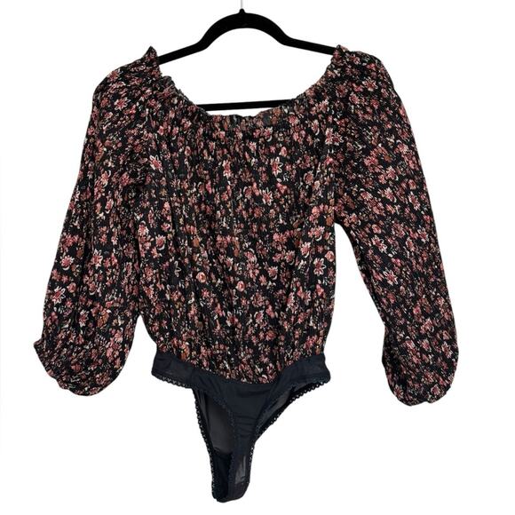 Free People Pretty Petal Bodysuit in Black and Pink Floral - Size XS - Picture 4 of 7